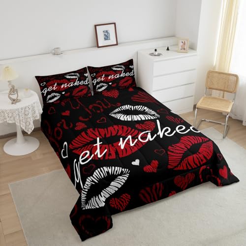 Image of Feelyou Sexy Lips Comforter Funny Get Naked Comforter Set for Couple Lover Kiss Bedding Set White Red Woman Mouth Pattern Decor Duvet Set Room Decor King Size Quilt Set 3Pcs