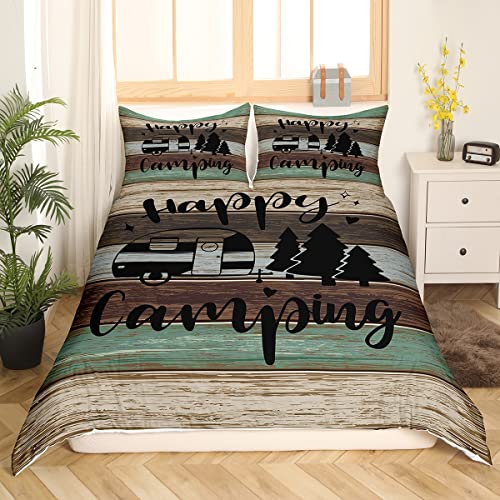 richhome Camping Rustic Duvet Cover Double Size 3 Pcs Wild Trees Cartoon RV Decor Bedding Set for Kids Teens Adults Retro Green Brown Stripes Western Style Comforter Cover with 2 Pillowcases - Image 3