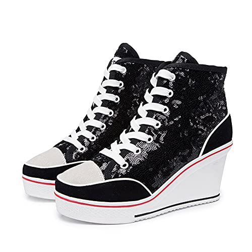Mei MACLEOD Womens Wedge Sneakers High Top Booties Lace Up Platform Sneakers Fashion Sequins Shoes Black