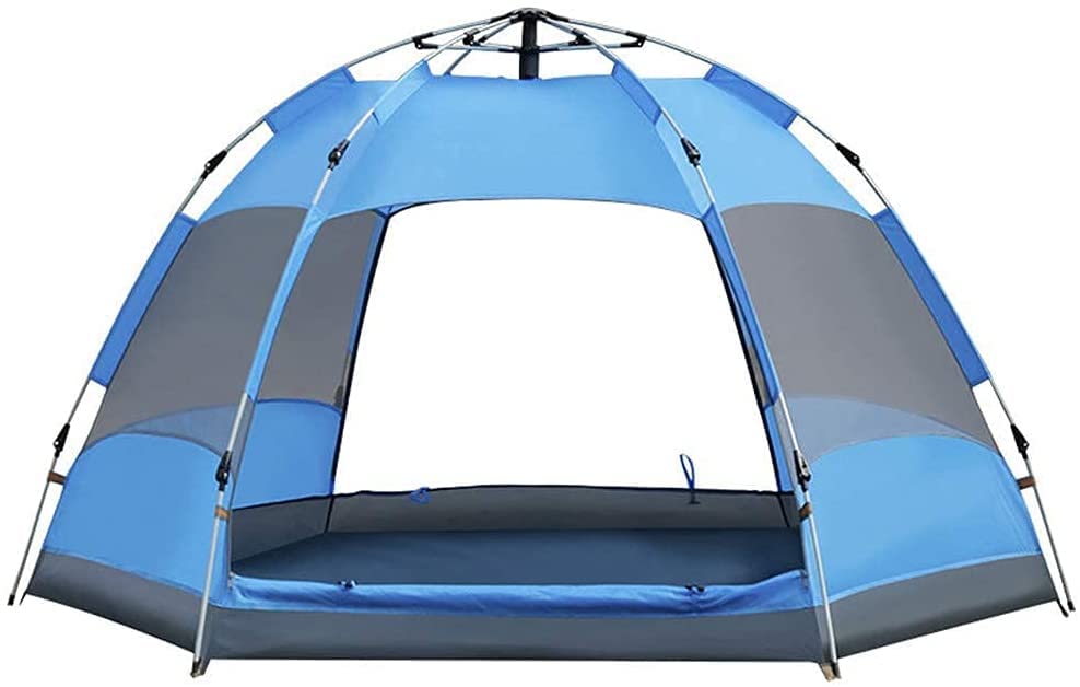 Tente de camping 3-5 places ouverture automatique hexagonale bleue