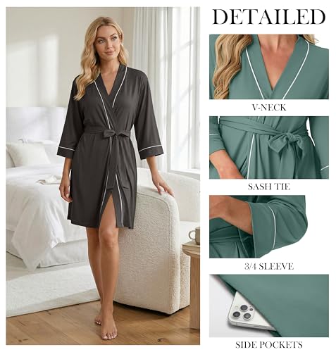 Image of PrinStory Womens Robe Knee Length Soft Knit Bathrobe S-2XL | V-Neck 3 /4 Sleeve Robes with Pockets, Lightweight, Breathable Bath Robe for Shower, Spa, Travel, Home, Party, Nursing