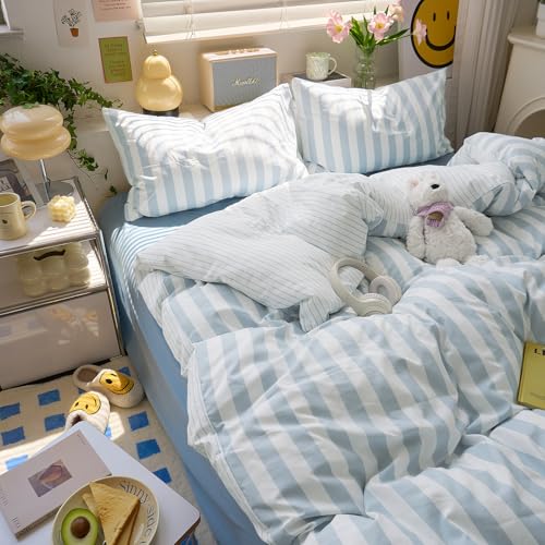 Image of EAVD Retro Blue Striped Duvet Cover Twin Soft Washed Microfiber Reversible Vertical Striped Percale Bedding Set with 2 Pillowcases Farmhouse Geometric Pattern Duvet Cover with Zipper Closure