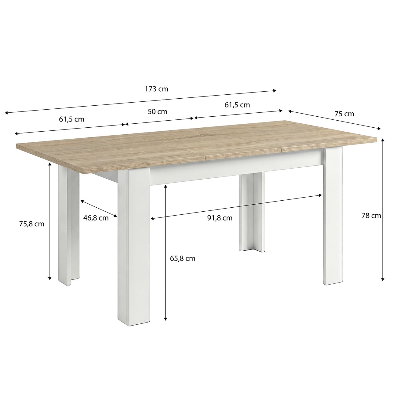 duehome | Mesa de Comedor Extensible, Mesa Rectangular, Modelo Sira, Acabado en Blanco Artik y Roble Canadian, Medidas: 123-173 cm (Largo) x 75 cm (Ancho) x 78 cm (Alto)