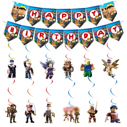Luclay Decorações de festa para jogadores, conjunto de louça de festa Rob-lox - 13 decorações de aniversário, suprimentos de festa de aniversário para jogadores, faixa de feliz aniversário, redemoinho