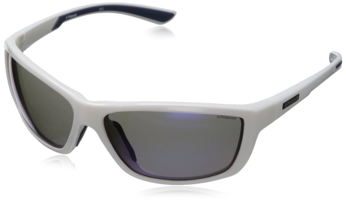 Polaroid Sunglasses P7400/S Wrap Sunglasses, White Blue & Grey Silver Mirror Polarized, 57 mm
