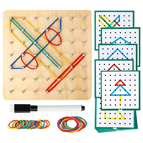 HEELWIRE Wooden Geoboard Montessori Toy Graphical Mathematical Education Toy for Kids with Pattern Cards and Rubber Bands to Figures and Shapes Brain Teaser STEM Toy Geo Board (6 * 6 * 0.6 in)