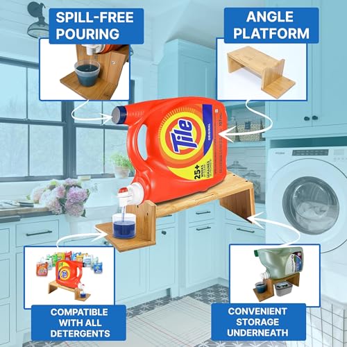 Image of Liquid Laundry Detergent Holder Stand with Tray & Strap - 2 Pack - Wood | Easy Pouring, Rubber Feet, Angled Stand, Fabric Softener Dispenser for Laundry Room Organization & Storage