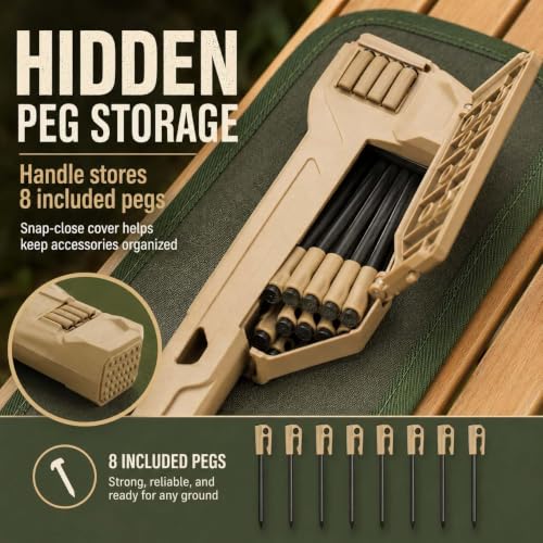 Image of Camping Hammer with 8 Pegs, Heavy-Duty Camping Mallet for Tent Stakes with Peg Puller, Bottle Opener, Storage Handle & Textured Striking Head for Hiking Backpacking (Khaki+Purple)