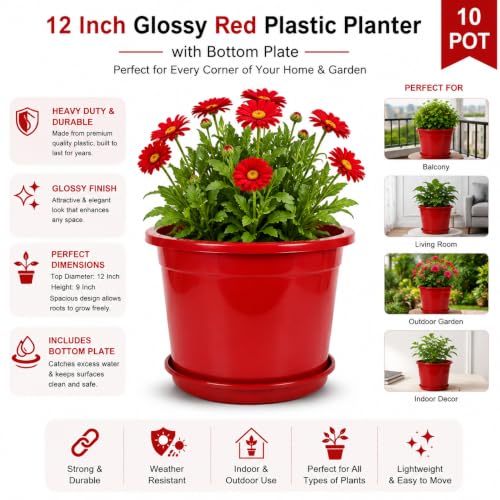 Image of 12 Inch Glossy Red Plastic Planter with Bottom Plate | Heavy Duty Flower Pot with Tray for Indoor Home Decor, Balcony, Living Room & Outdoor Garden (10 Pot, Red)