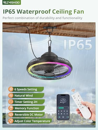 ZMISHIBO Outdoor RGB Ceiling Fans with Light,Waterproof Plug in Ceiling Fan with Remote&APP Control,Gazebo Fans Outdoor Hanging with 3CCT 6-Speeds for Patios Porch(Black) - Image 6