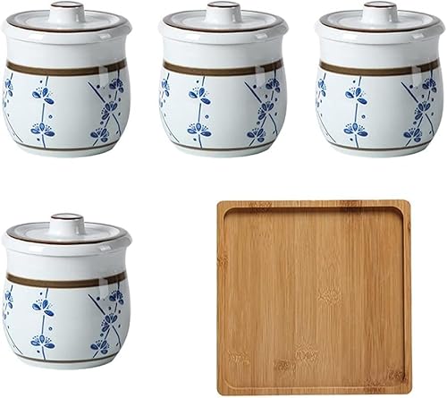 GImLY Boîte d'assaisonnement Pot à Condiments Pot à épices en céramique avec cuillères et bacs pour sel, Sucre, Motif Peint à la Main, Lot de 4