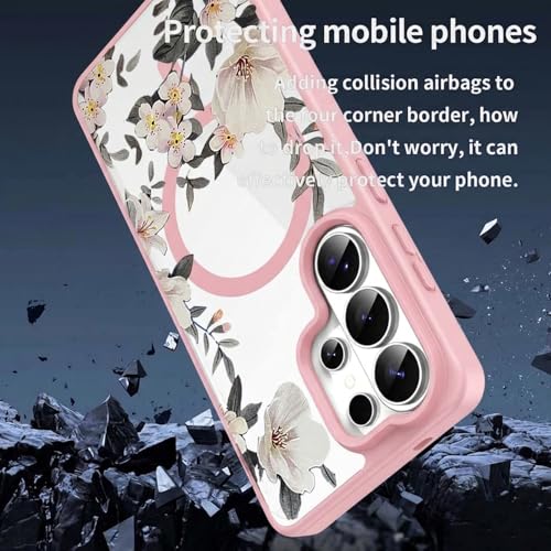Image of VONZEE Compatible with Samsung Galaxy S26 Ultra 5G Case Luxury Retro Flowers Floral Clear for Magnetic Wireless Charging Case Shockproof PC+TPU Cute Glossy Shiny Cover for Girls Women, Pink