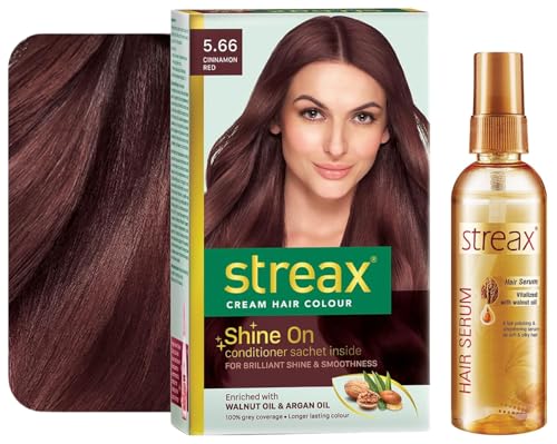Streax Hair Serum for Women & Men | Contains Walnut Oil Permanent Hair Colour, 100% Grey coverage, Infused with Argan and Walnut Oil,5.66 Cinnamon Red, 120 ml, Pack of 1