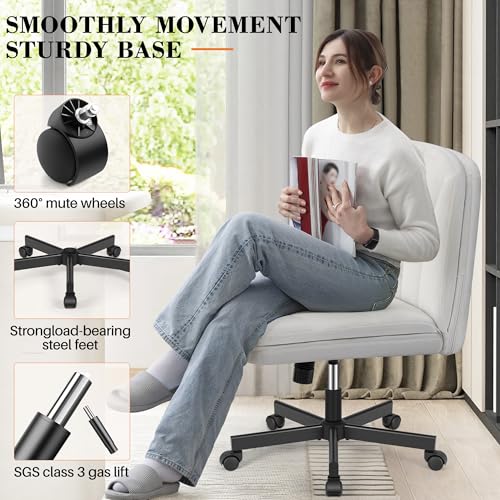 FelixKing Criss Cross Chair with Wheels, Cross Legged Office Chair, Armless Wide Vanity Desk Chair with Comfty Velvet & Back - Swivel Height Ajustable for Home Office Bedroom, Pearl White Velvet