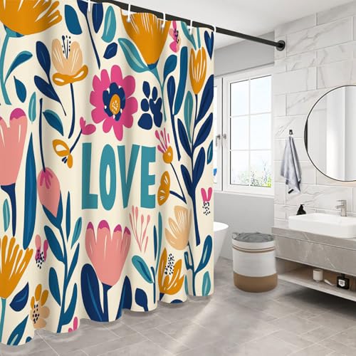 Rideau salle de bain 180x200 cm imperméable en polyester crème avec motifs tulipes et coquelicots