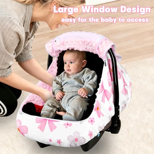Image of Hooyax Baby Car Seat Cover with Dual Zipper, Extra Large Mesh Window Carseat Canopy, All-Season Weather Protection for Infant Car Seats & Strollers (Pink Bow)