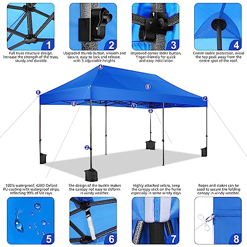 Image of COBIZI 10x20 Heavy Duty Pop Up Canopy Tent with 6 Sidewalls Thicken Frame, Commercial Easy Up Outdoor Wedding Party Tents, All Season Waterproof Windproof with Stakes Sandbags Ropes Roller Bag, Blue