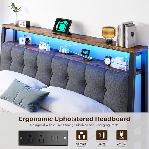 Image of Homkdom King Bed Frame,Upholstered Storage Headboard,Charging Station,Brown | LED Linghts, 12 inch Under-Bed Storage,2AC Outlets&1USB-C&1USB-A,Noise-Free,Quick Assembly,Supports up to 1100 lbs