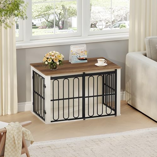 HEXCELEN Hundekäfig-Möbel aus Holz, 100 cm Hundebox für Zuhause, Hundekäfig mit 2 Türen, Schiebetüren, für Kleine, Mittlere Hunde, Robuster, Beistelltisch, 100 x 60 x 62,4 cm, Weiß Braun