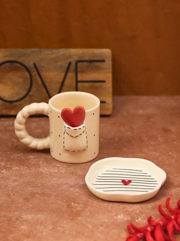 Image of WEAVING HOMES Handcrafted Ceramic Coffee Mug & Dessert Plate to Gift to Best Friend and Love Microwave Safe (Set of 2 - Love Letter Mug 280ml & Striped Heart Dessert Plate, Multicolor)