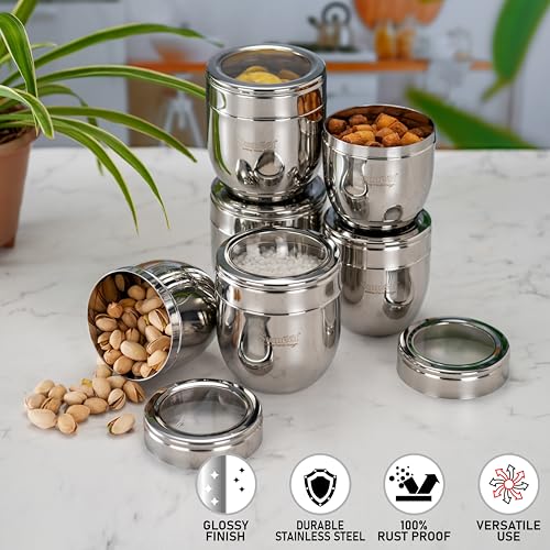 Image of Sumeet Stainless Steel Conical Shape Canisters /Dabba /Storage Containers for Kitchen with See Through Lid, Set of 6 Pcs, (400ml-8.5cm Dia-3Pc & 500ml-9cm Dia-3Pc), Silver