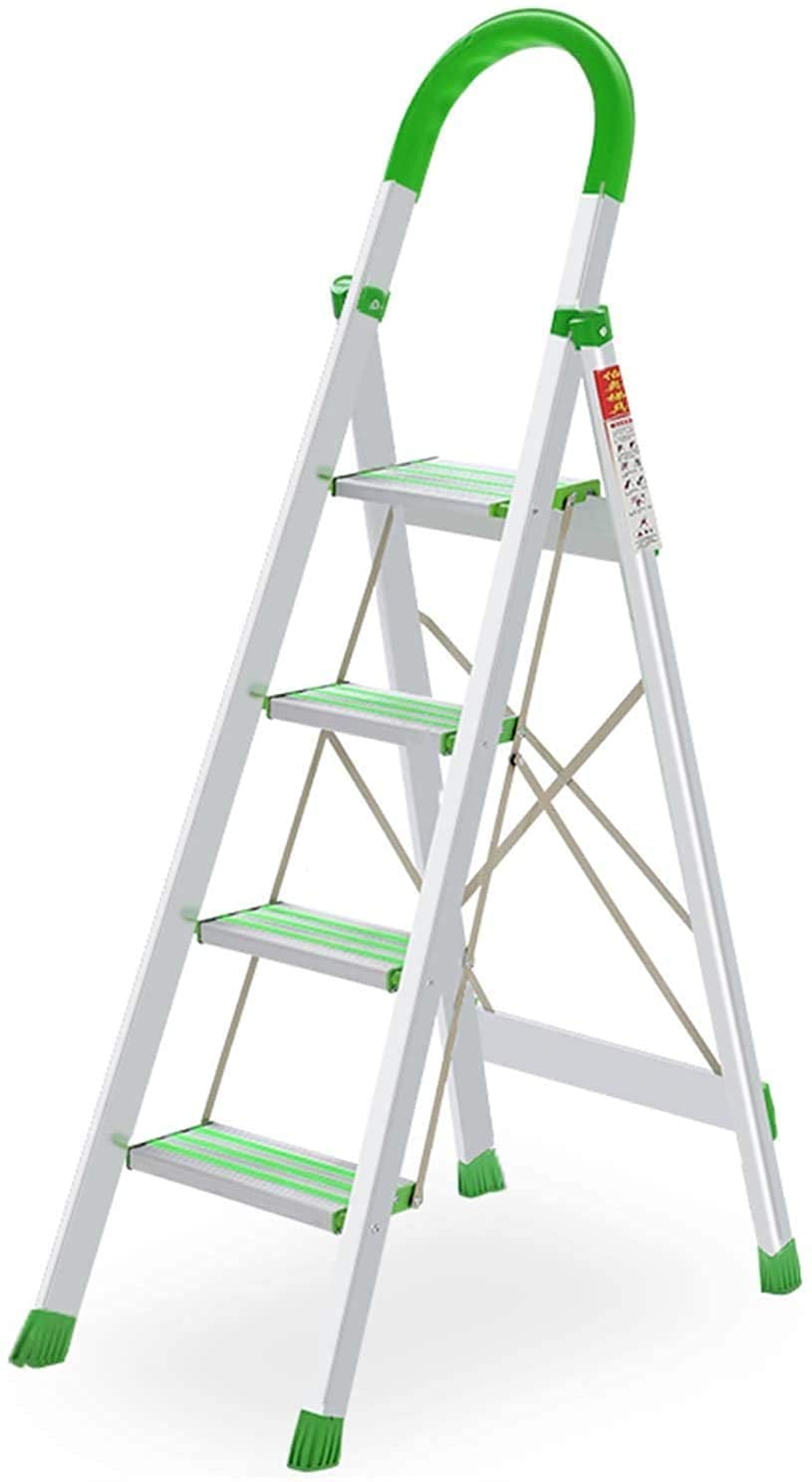 Drabiny, aluminiowa 4-stopniowa drabina z zielonymi poręczami, przenośne składane drabiny antypoślizgowe z podkładkami pod stopy do przycinania liści, 44 x 80 x 150 cm (44 x 80 x 150 cm)