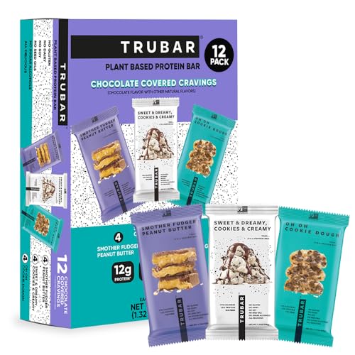 TRUBAR Vegan Protein Bars Chocolate Covered Cravings Variety Pack Peanut Butter Cookies & Cream & Cookie Dough Gluten Free Plant Based High Fiber Dairy Free On the Go Healthy Snacks 12 Count