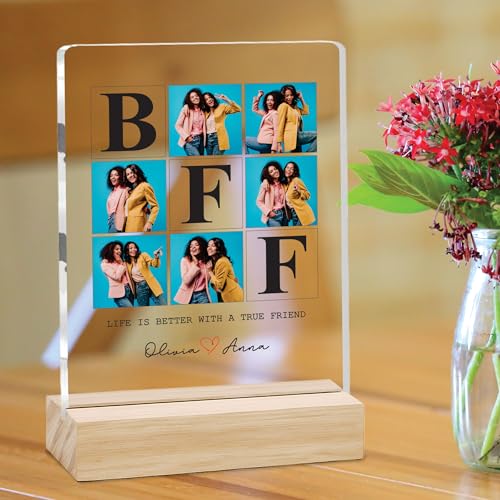 Image of Giftplease Customized Friends Plaque with Wooden Stand | Personalized Photo Frame with Quote | Best Friend Birthday Gift, Farewell Gift, Friendship Day Gift for BFF Keepsake Room Decor FR 08