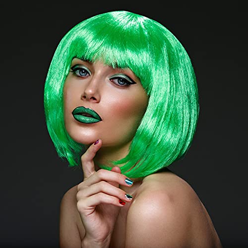 Image of PLULON Dark Green Bob Wig and Sunglass Set, Neon Short Bob Wig Sunglass Pack Costume Colorful Cosplay Wig Hairpieces for Bachelorette Neon Party Favors, Halloween Decorations (Pack of 3)