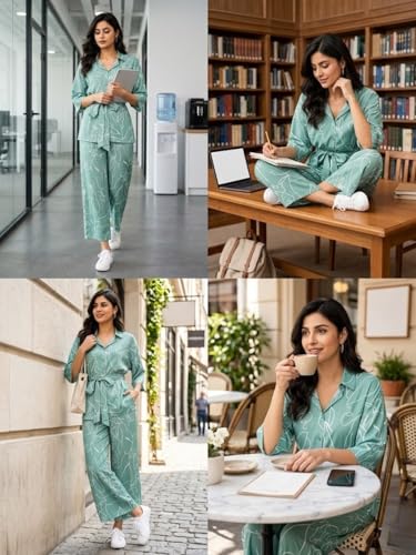 Image of Leriya Fashion Co Ord Set for Women Stylish | Western Dress for Women Casual Poly Cotton Cord Set | Printed Shirt Pant Set with Wide Leg Pants | Smart Casual Office & Travel Outfit
