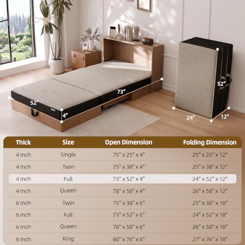Image of ROXGOX Memory Foam Trifold Mattress, Full Portable Floor Bed 4 Inch, Foldable Mat with Washable Cover, Handle & Non-Slip Bottom, for RV, Travel, Camping, Yoga, 73 inchx52 inchx4 inch, Grey