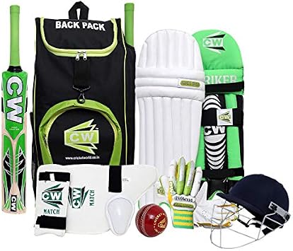 CW Bullet Left Hand Cricket Set Green Kit Full Set Kashmir Willow Bat Junior Batting Gloves Original Cricket Set Unisex Age 5-7 Year Protector Lower Body Guard All Gears
