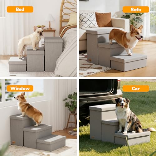 Fecuria 3-Step Wide Dog Stairs with Hidden Storage 18" H, Non-Slip Dog Steps for High Bed Couch Window Car, Jiont-Friendly Pet Stairs Ramp for Small/Medium/Large Old Dogs Cats Up to 200lbs, Grey - Thumbnail 3