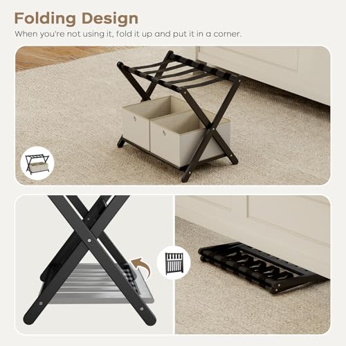 2 Pack Fully Assembled Black Luggage Racks with 4 Storage Boxes, Bamboo 26.77" Foldable Suitcase Stand for Guest Room with 5 Nylon Straps, Luggage Rack Holder with Shelf for Bedroom Hotel