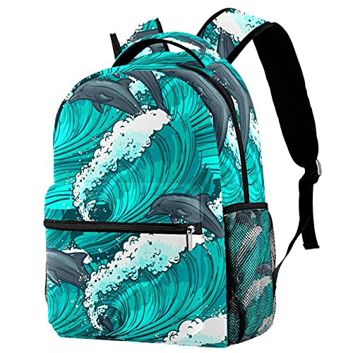 Sac à dos motif vagues marines vertes pour voyage et campus avec porte-bouteille