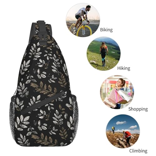 Image of SUPLUCHOM Sling Bag Boho Black Leaf Pattern Hiking Daypack Crossbody Shoulder Backpack Travel Chest Pack for Men Women