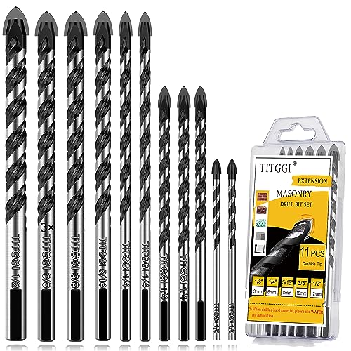 11-Piece Extended Masonry &amp; Concrete Drill Bit Set, Carbide Tips, 1/8"-1/2"
