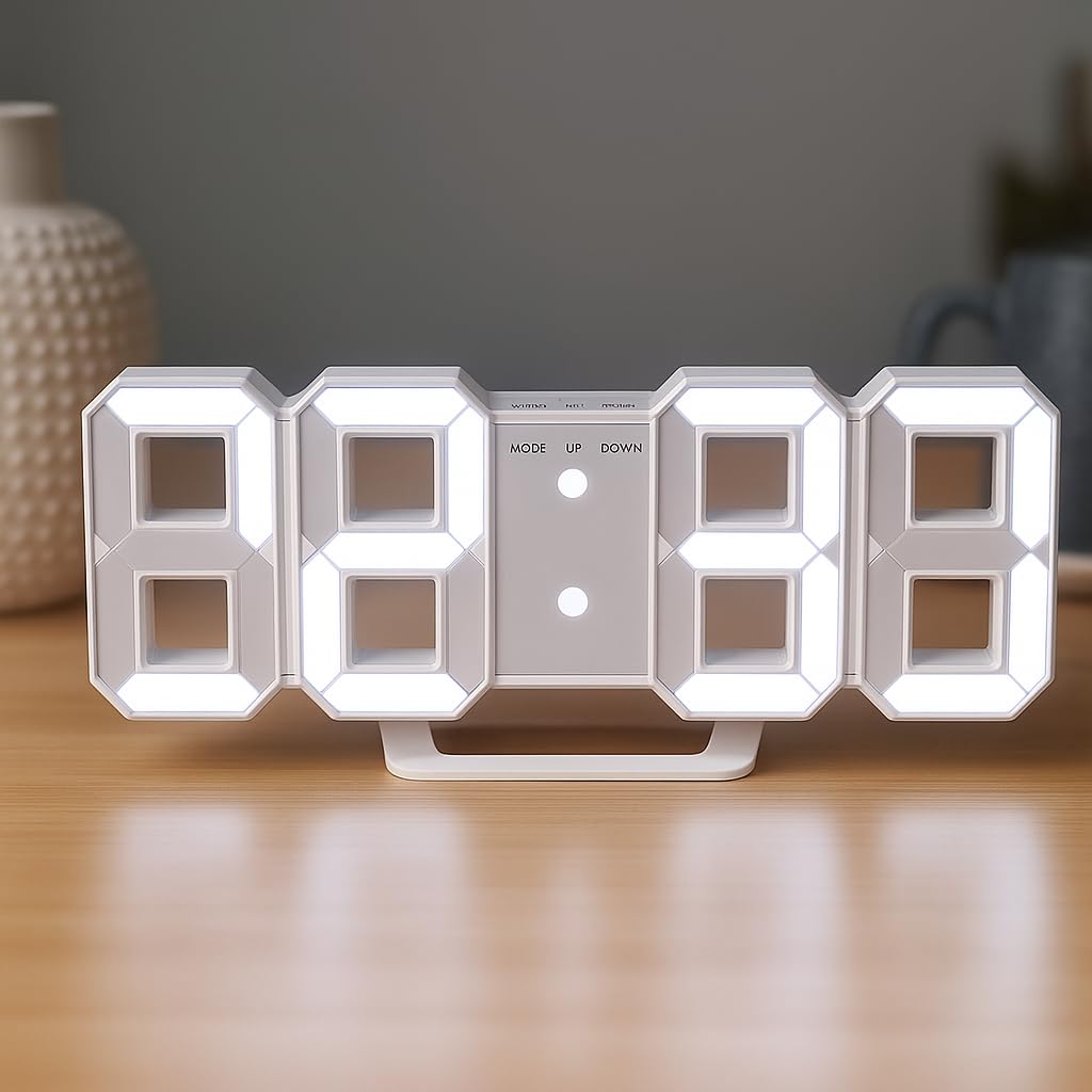 Dangfly Acrylic Digital LED Display Number Clock Table Wall Hanging Alarm Clock White (Works On Electricity) (White), 22.7x9.5 Cm-image-12