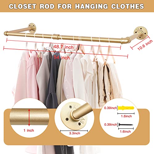 Gold Wall Mount Iaundry Drying Rack - 54" Pipe Garment Rack, Portable Heavy Duty Iron Closet Hanger Rod, Modern Metal Detachable Diy Hanging Bar For Laundry Room And Closet Storage #TOP5