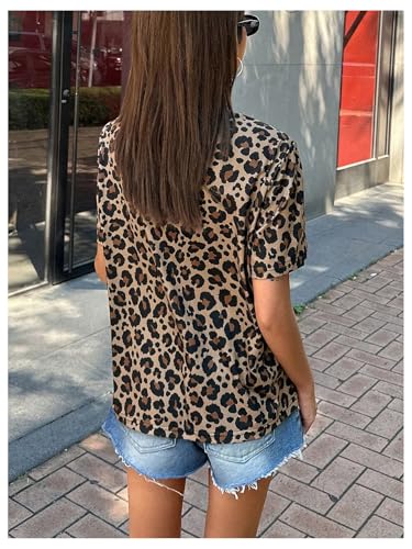 Women's Cheetah Print Top Round Neck Leopard Print Tops Short Sleeve Loose Y2k Summer T Shirt2