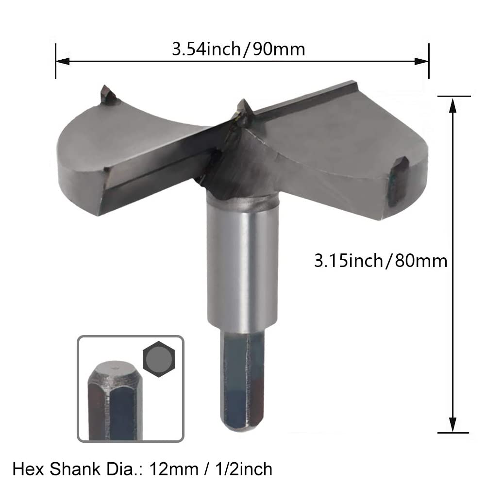 Forstner Drill Bits 3.5" Woodworking Hole Saw Boring Drill Bits Carbide Wood Drilling Cutter with 1/2inch Hex Handle for Wood Plastic Plywood