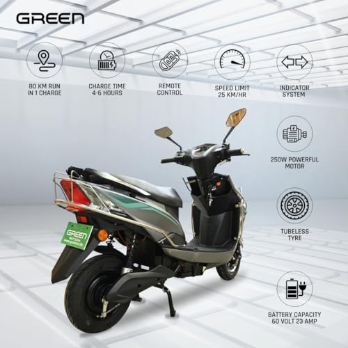 Image of Green Invicta Low Speed Electric Scooter Non RTO 80KM Range Grey with Portable Charger & with Steel Frame
