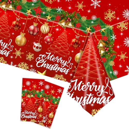 Merry Christmas Tablecloth, 2 Pack Plastic Red Disposable Rectangle Santa Claus Snowman Xmas Table Cloth Cover for Winter Christmas Party Decorations, 54 x 108 Inch