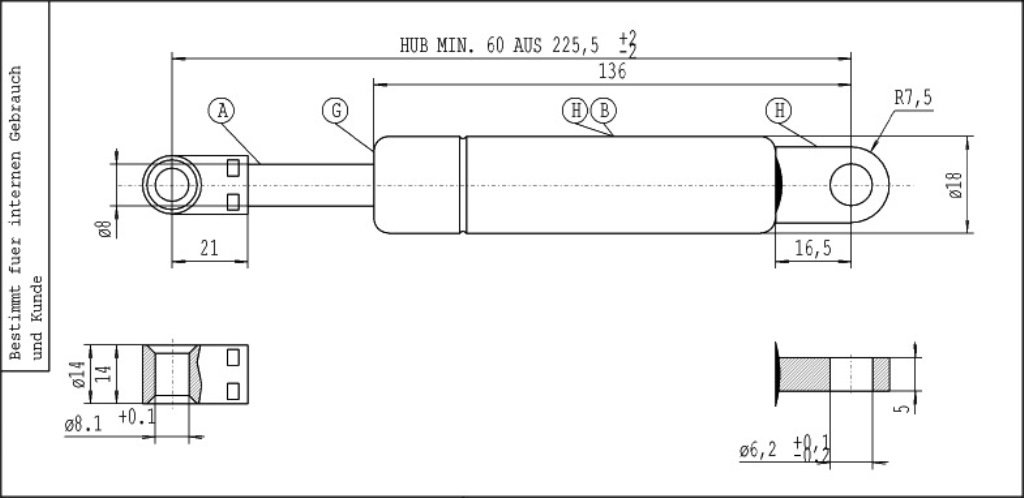 Molla a gas 677302 mobili pensili, spinta 550N, aperta 225.5 mm, attacco asta in zamac (550 N)