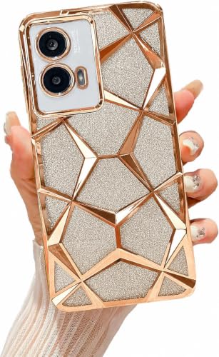 Image of VONZEE Gradient Glitter Case for Moto Edge 50 Fusion, Luxury Electroplated 3D Cube, Diamond Bling Shiny Soft TPU Clear Shockproof Women Girls Protective Phone Cover (Gold)