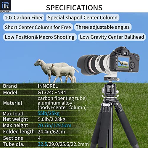 Image of Innorel Carbon Fiber Tripod- Gt324C Professional Compact Tripod For Dslr Camera Heavy Duty Stand With Low Gravity Center Ball Head Special-Shaped Center Column Max Load 55Lbs 25Kg