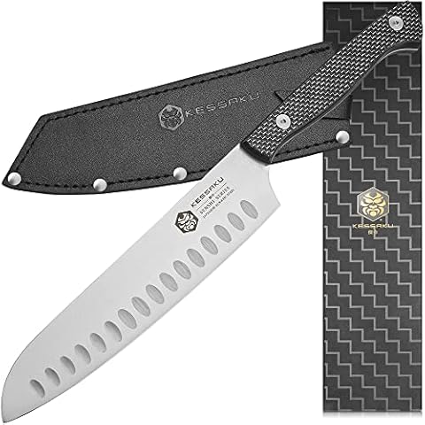 KESSAKU 8-Inch Santoku Knife - Senshi Series - Forged Japanese AUS-8 High Carbon Stainless Steel - Carbon Fiber G10 Handle with Sheath Cover