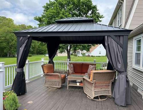 PURPLE LEAF Tonnelle de Jardin Exterieur 4 x 3 m Pergola Aluminium avec Moustiquaire et Rideaux Pavillon de Jardin à Double Toit Acier Galvanisé, Gris