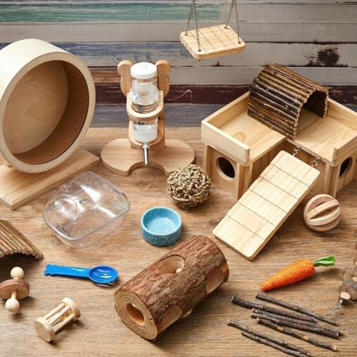 Sonwyoung 19 Pcs Hamster Cage Accessories & Habitat Set, Wooden Silent Exercise Wheel Wood Hide Out Tree Trunk Tunnel Tube Water Bottle Set Sand Bath Bowl Chew Toys for Dwarf Hamster Gerbil Mouse