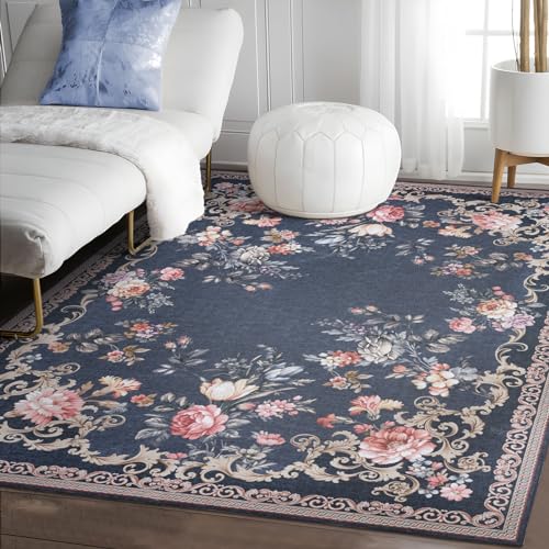 TALETA Teppich Wohnzimmer, waschbarer Teppich Vintage, Blumen Muster Orientteppich für...